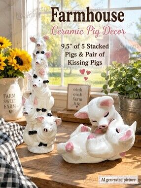 Farmhouse Ceramic Pig Decor 9.5" of 5 Stacked Pigs & Kissing Pigs
